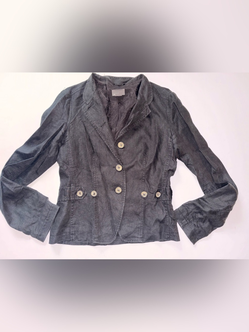 Mexx 100% Linen Blazer Jacket Black Floral Embroidered Back US 6